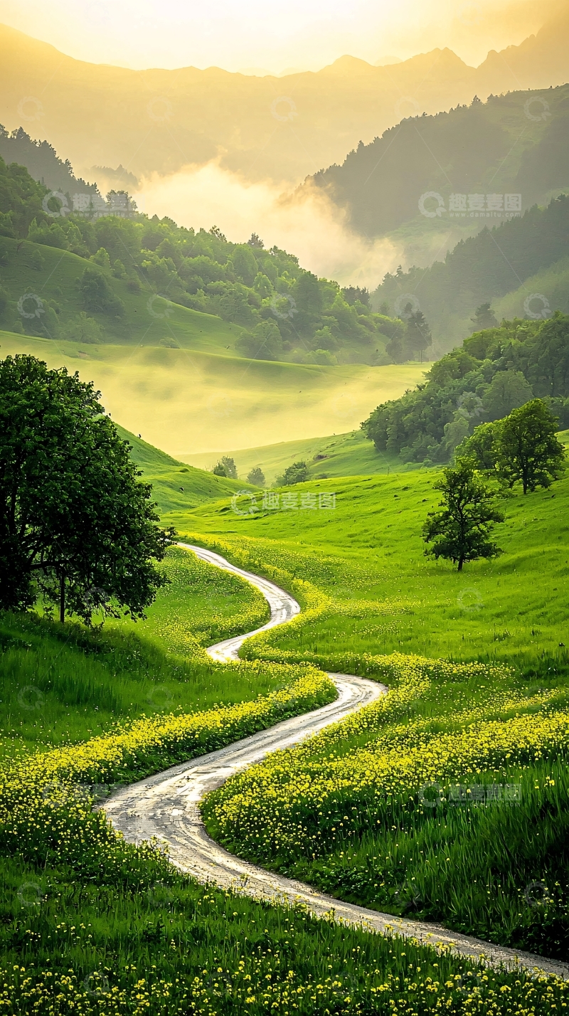 高清大图下载【趣麦麦图】蜿蜒小路与山间晨雾