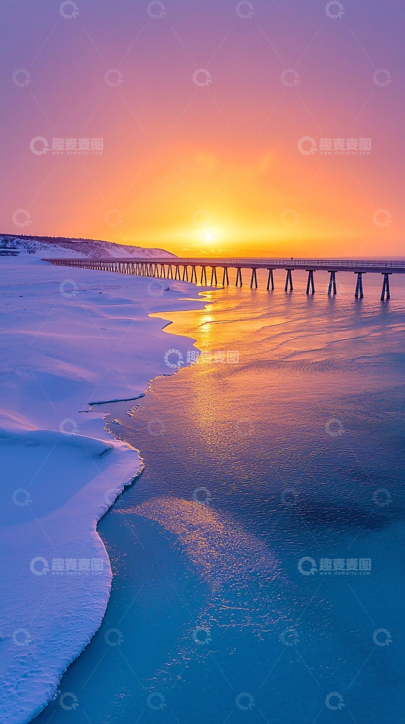 高清大图下载【趣麦麦图】冬日夕阳下的雪桥