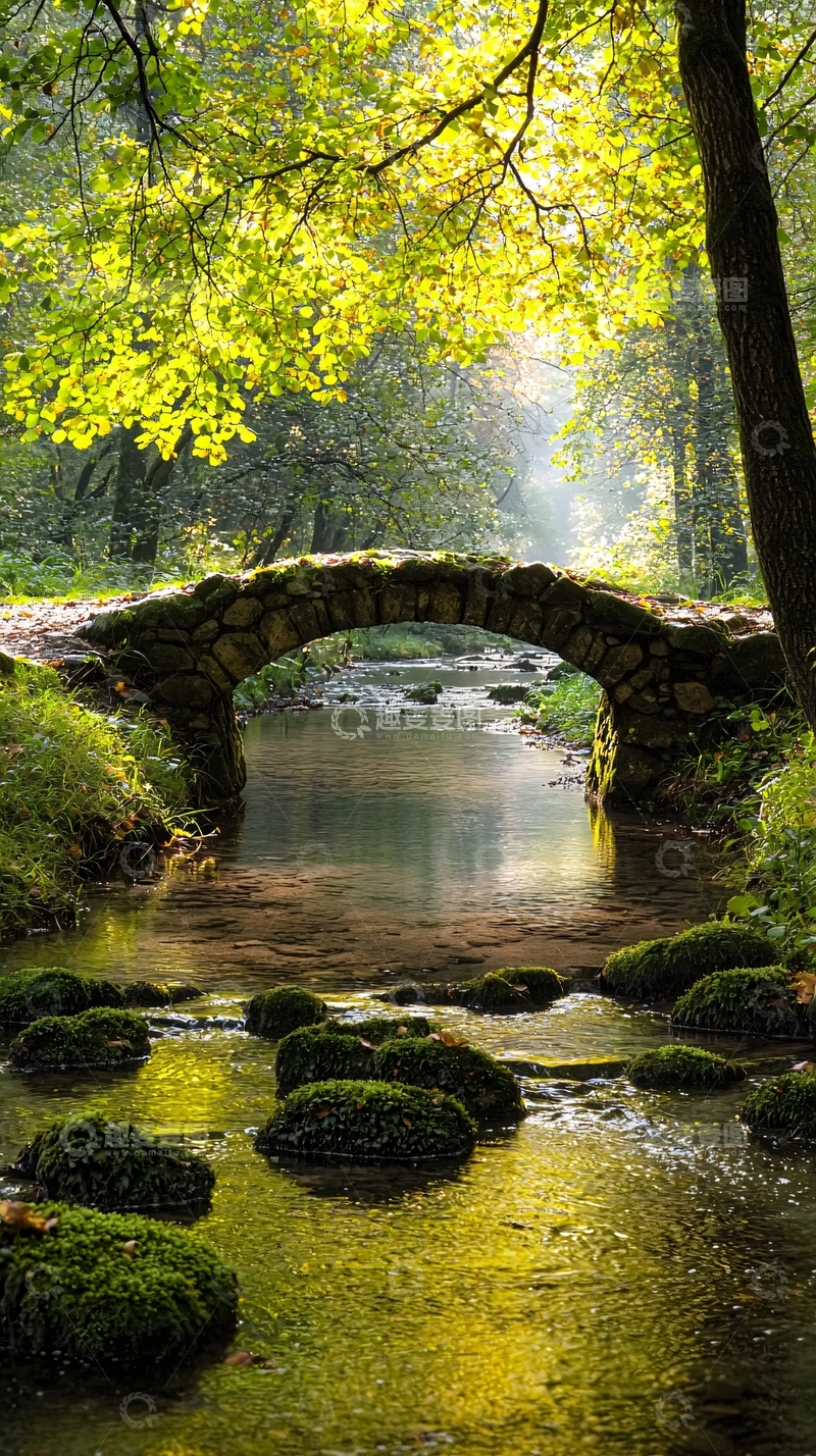 高清大图下载【趣麦麦图】秋日阳光下的石桥