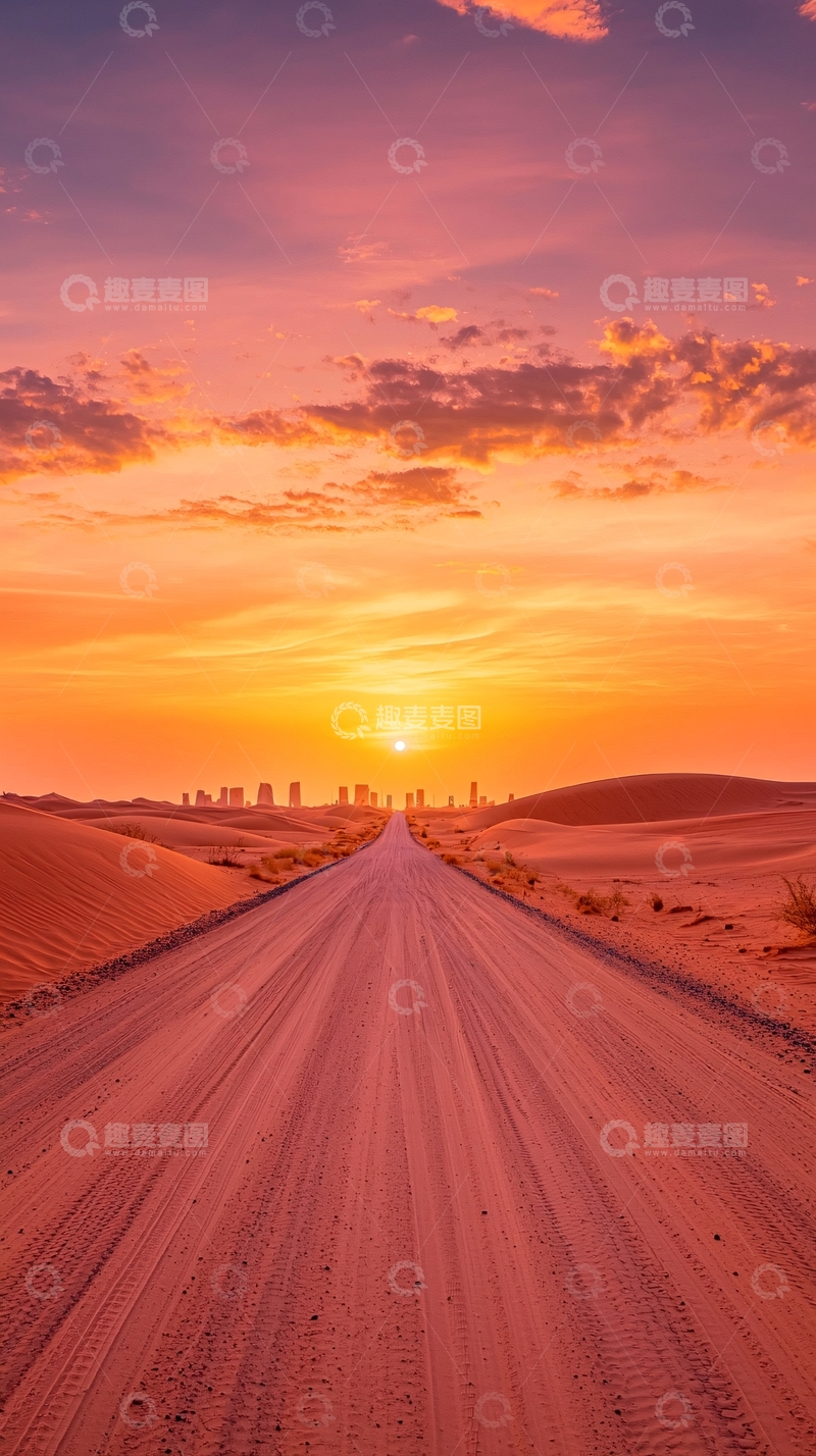 高清大图下载【趣麦麦图】沙漠公路日落美景