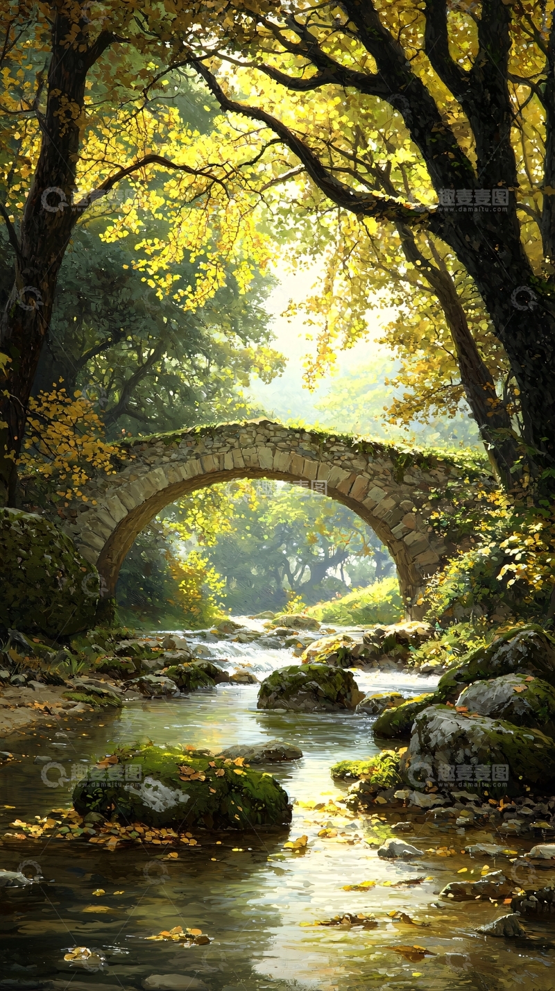 高清大图下载【趣麦麦图】秋日小溪石桥风景