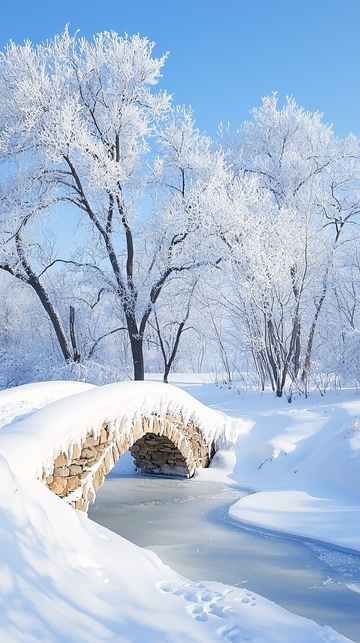 冬日雪景下的石桥