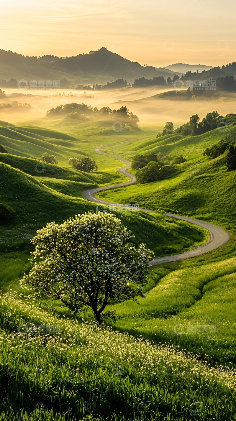 高清大图下载【趣麦麦图】晨雾中的蜿蜒山路