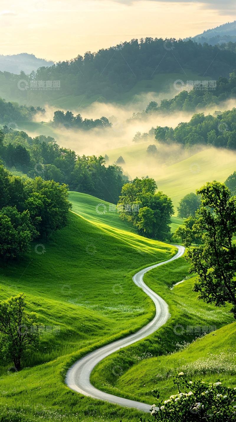 高清大图下载【趣麦麦图】蜿蜒小路与晨雾中的绿色山谷