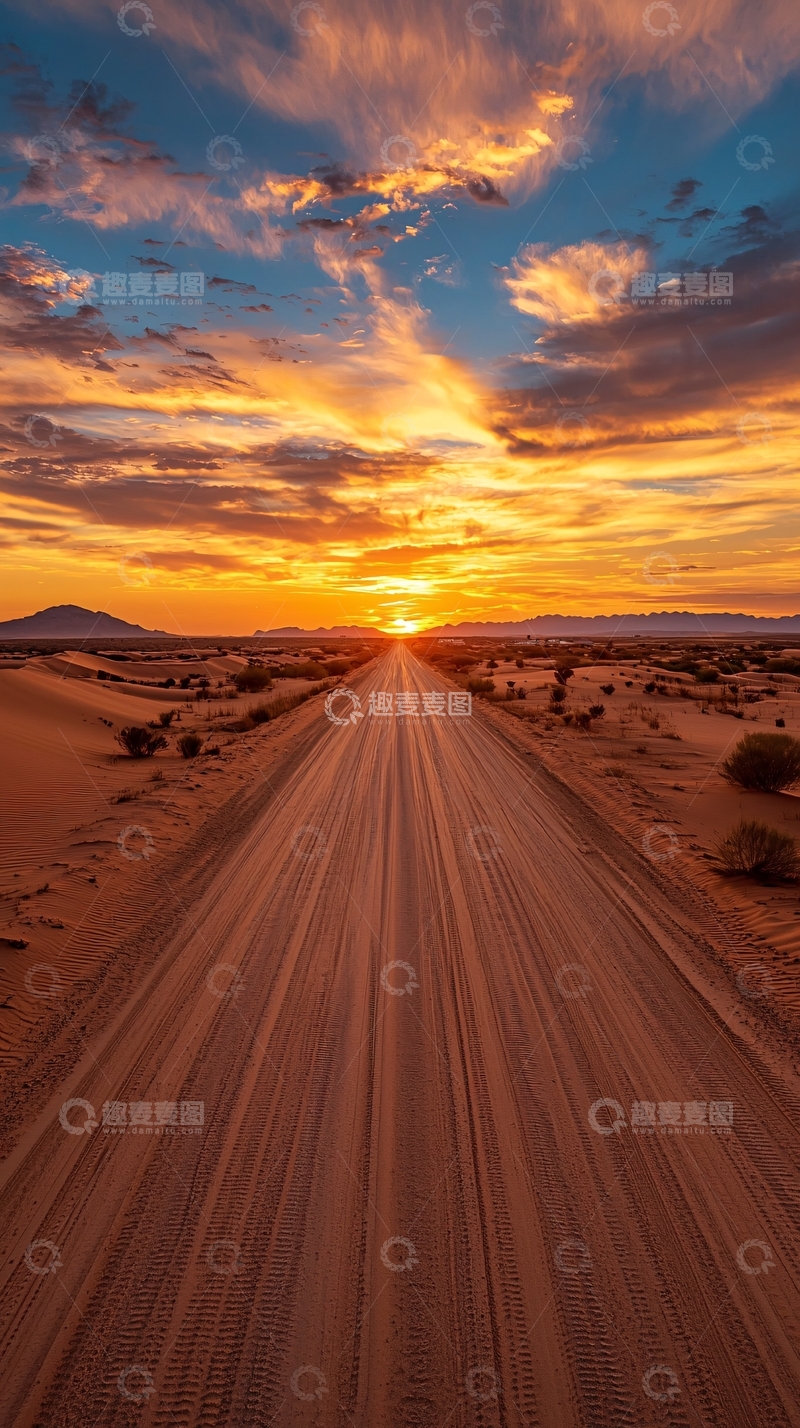 高清大图下载【趣麦麦图】沙漠日落下的沙路