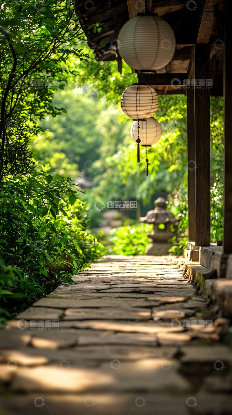 高清大图下载【趣麦麦图】石板小径上的灯笼与绿植