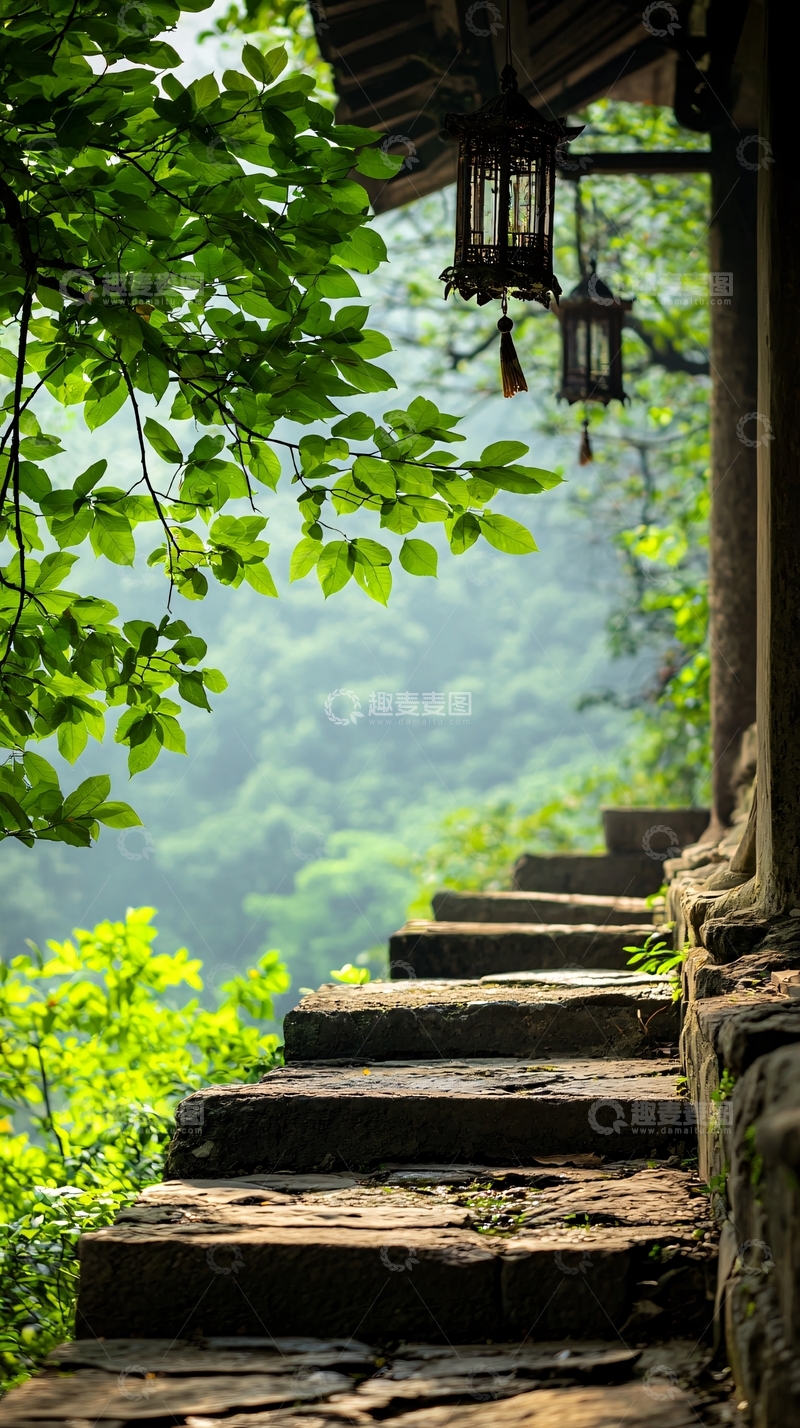 高清大图下载【趣麦麦图】古道石阶与绿意盎然