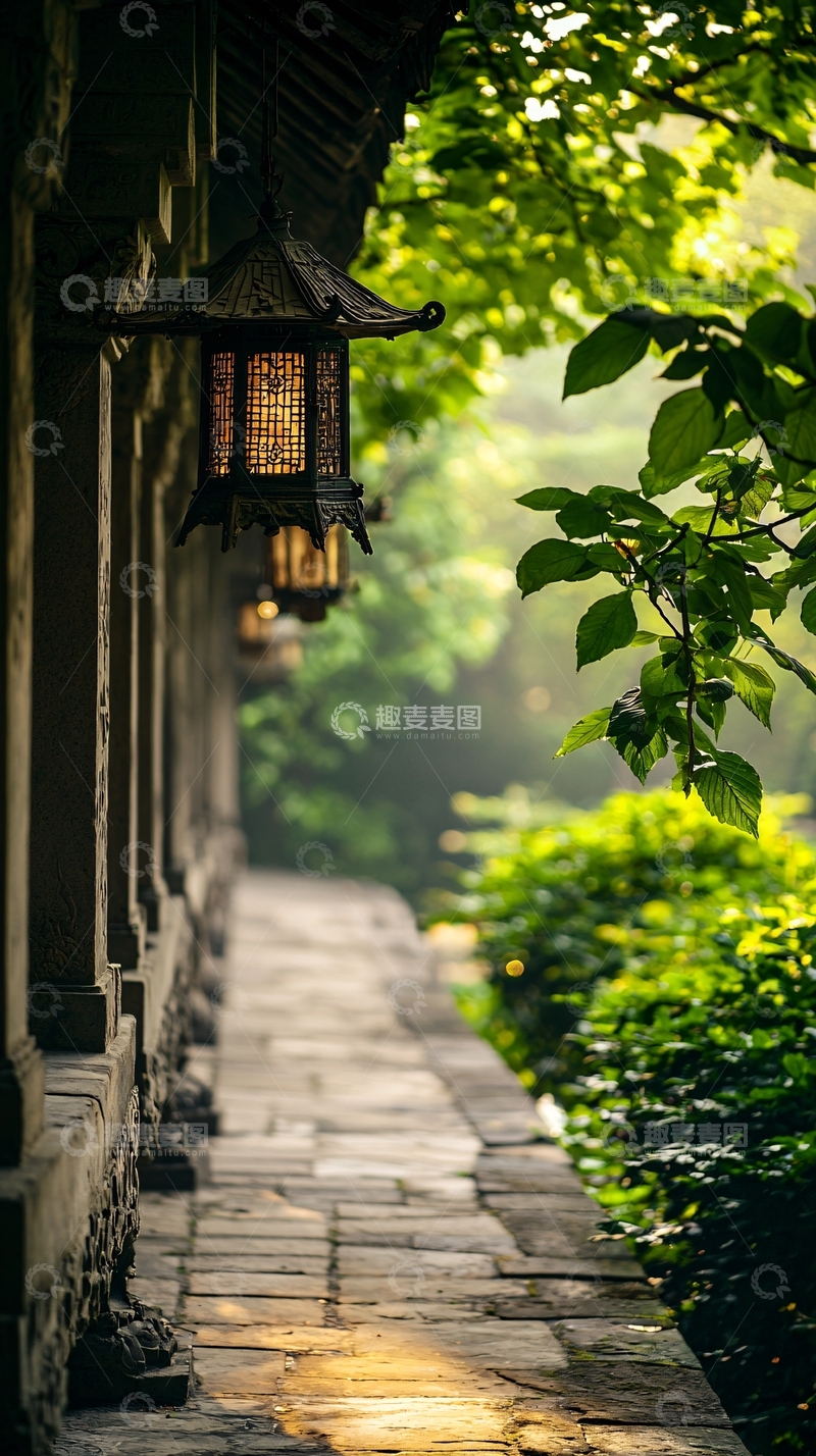 高清大图下载【趣麦麦图】古风庭院石板路夜灯