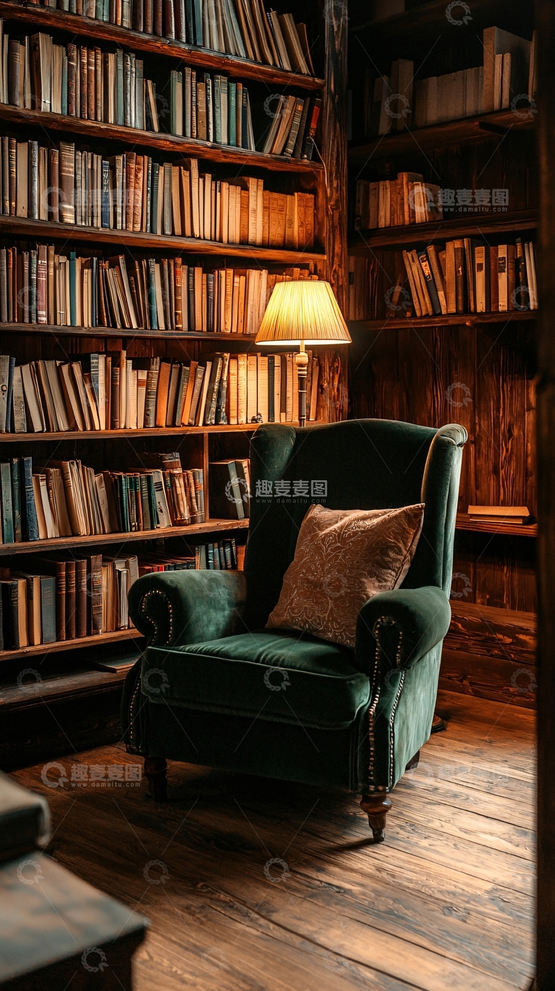 高清大图下载【趣麦麦图】温馨书房中的绿色椅子