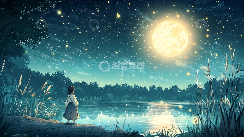 高清大图下载【趣麦麦图】夜晚湖边看月亮的女孩