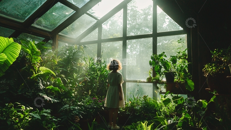 高清大图下载【趣麦麦图】温室中的女人背影