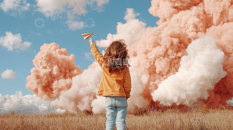 高清大图下载【趣麦麦图】女孩抬头看粉色爆炸