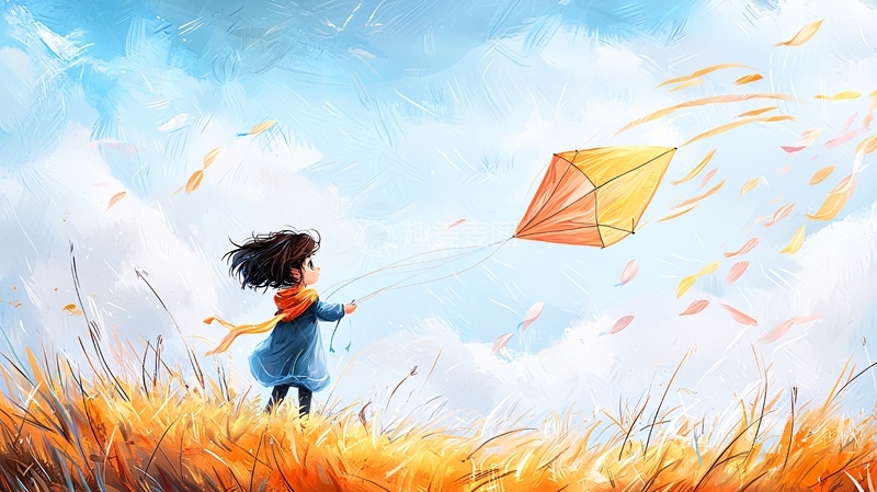 高清大图下载【趣麦麦图】女孩在草地上放风筝