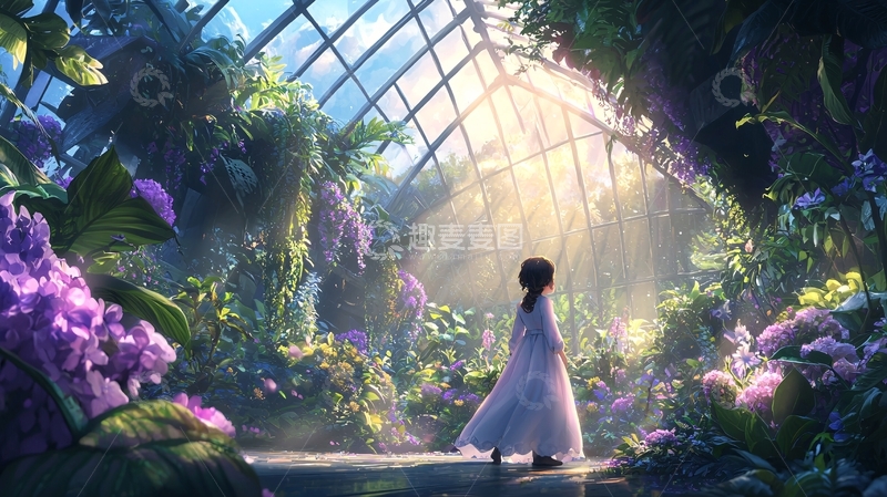 高清大图下载【趣麦麦图】玻璃温室中的女孩背影