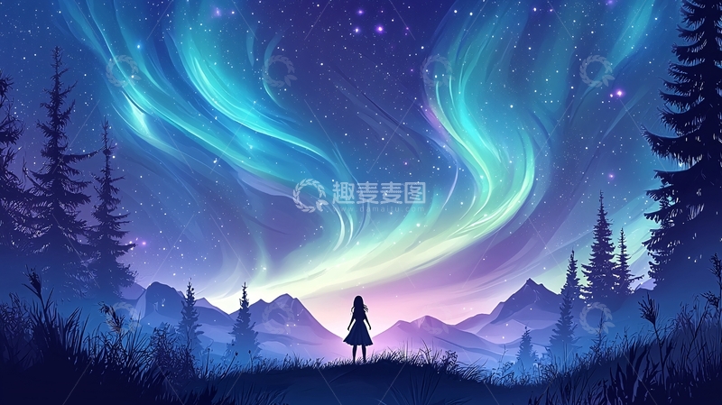 高清大图下载【趣麦麦图】仰望极光夜空少女