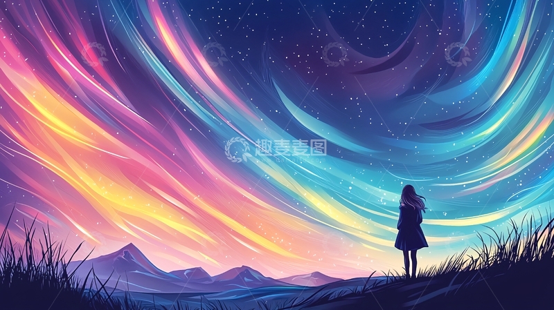 高清大图下载【趣麦麦图】绚丽星空下的少女