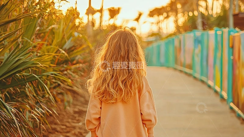 高清大图下载【趣麦麦图】金发女孩背影走在阳光明媚的小路上