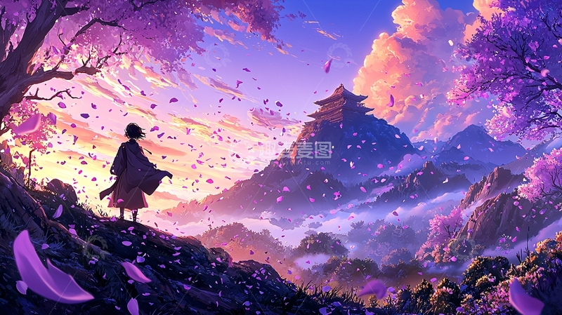 高清大图下载【趣麦麦图】粉色樱花树下的旅人