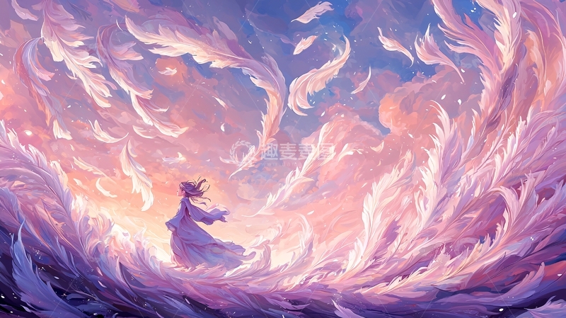 高清大图下载【趣麦麦图】梦幻羽毛包围的少女