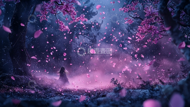 高清大图下载【趣麦麦图】唯美梦幻的紫粉色花瓣雨