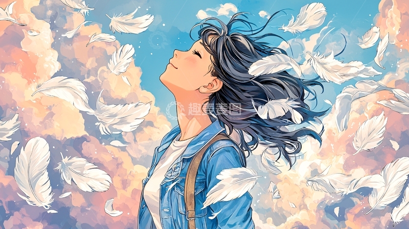 高清大图下载【趣麦麦图】仰望天空的女孩与羽毛