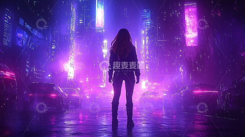高清大图下载【趣麦麦图】霓虹灯下的都市夜景女孩