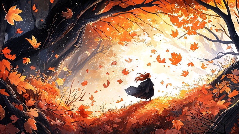 高清大图下载【趣麦麦图】秋日落叶飞舞的女孩