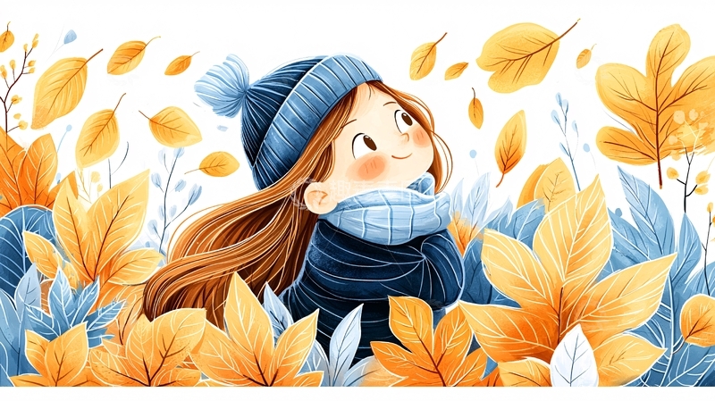 高清大图下载【趣麦麦图】戴帽子女孩仰望落叶