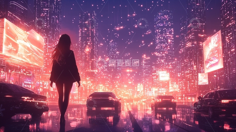 高清大图下载【趣麦麦图】赛博朋克城市夜景中的女孩