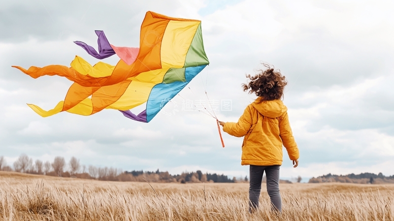 高清大图下载【趣麦麦图】女孩放风筝的背影