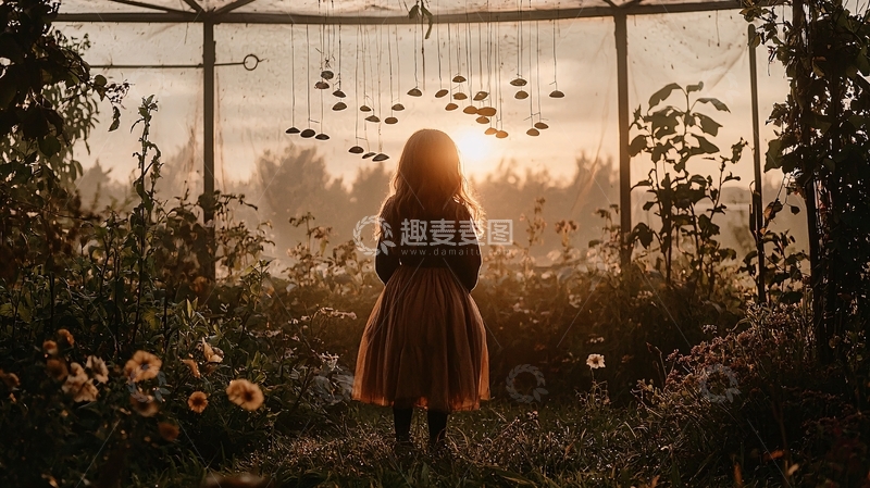 高清大图下载【趣麦麦图】女孩背影看向花园日落