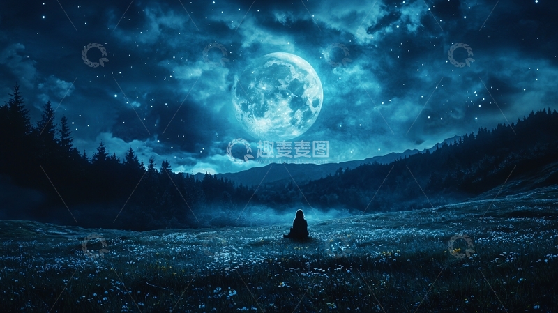 高清大图下载【趣麦麦图】蓝色的月亮下的孤独身影