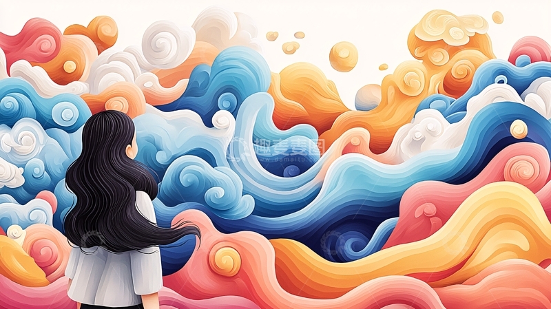高清大图下载【趣麦麦图】女孩背影面对彩色波浪