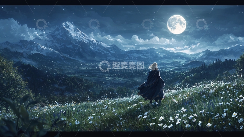 高清大图下载【趣麦麦图】月光下的山脉草地人