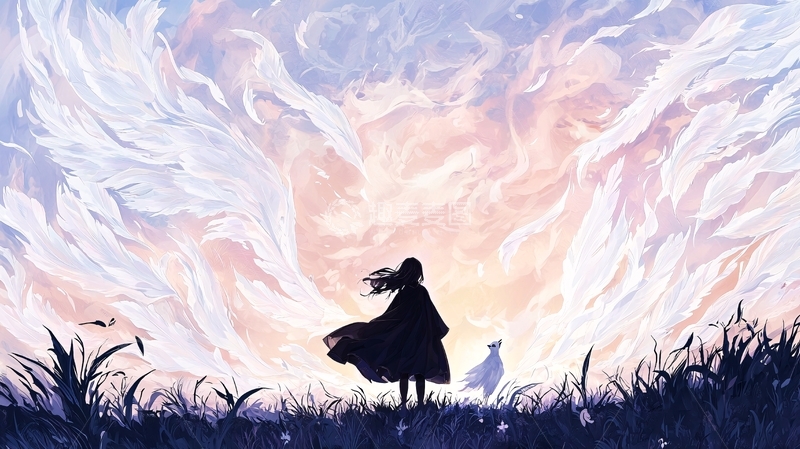 高清大图下载【趣麦麦图】孤独少女望向天空中的翅膀