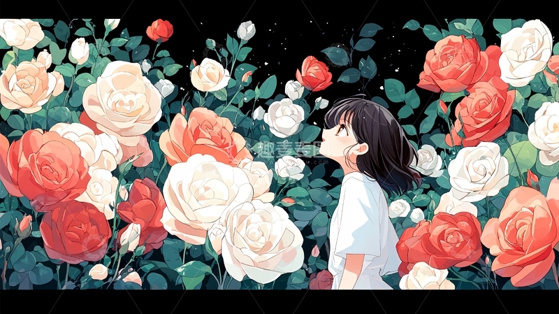 高清大图下载【趣麦麦图】女孩仰望玫瑰花园