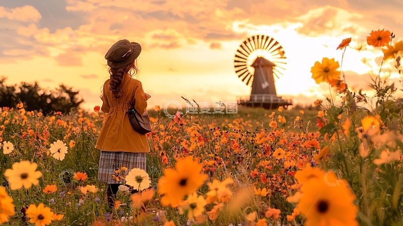 高清大图下载【趣麦麦图】夕阳下女孩看风车