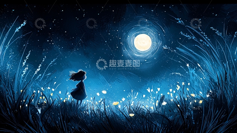 高清大图下载【趣麦麦图】夜晚草地女孩仰望月亮
