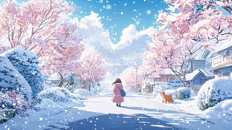 高清大图下载【趣麦麦图】粉色樱花雪景中的少女