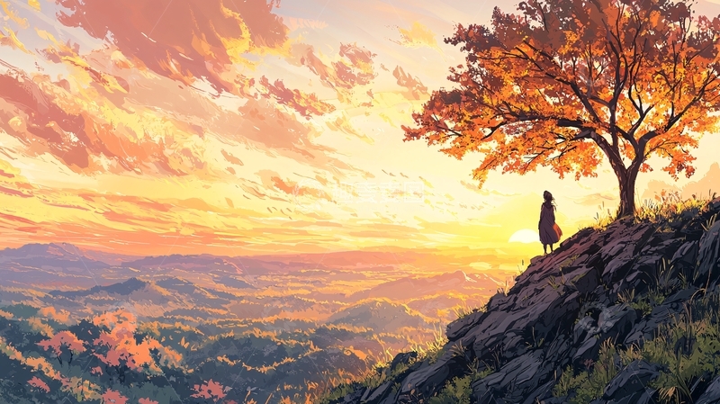 高清大图下载【趣麦麦图】孤独的人站在山顶看日落