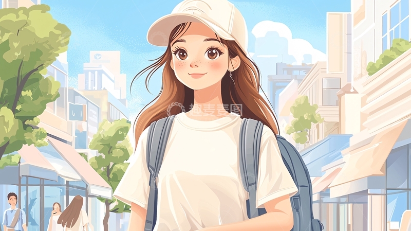 高清大图下载【趣麦麦图】城市背景下的背包少女