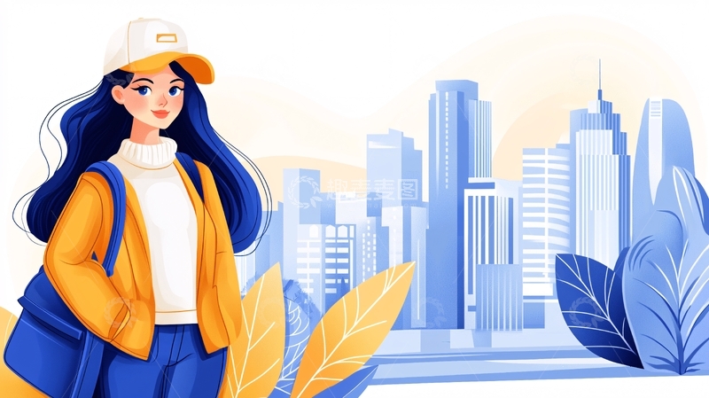 高清大图下载【趣麦麦图】城市背景下的旅行少女