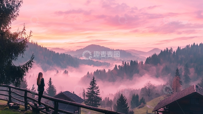 高清大图下载【趣麦麦图】粉色天空下的山景