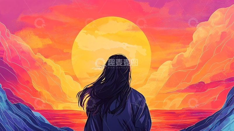 高清大图下载【趣麦麦图】背影看日落的女孩