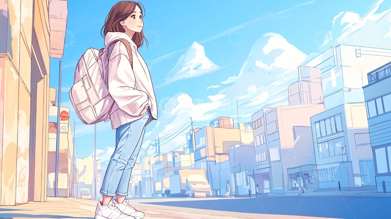 高清大图下载【趣麦麦图】动漫少女背着书包站在街头