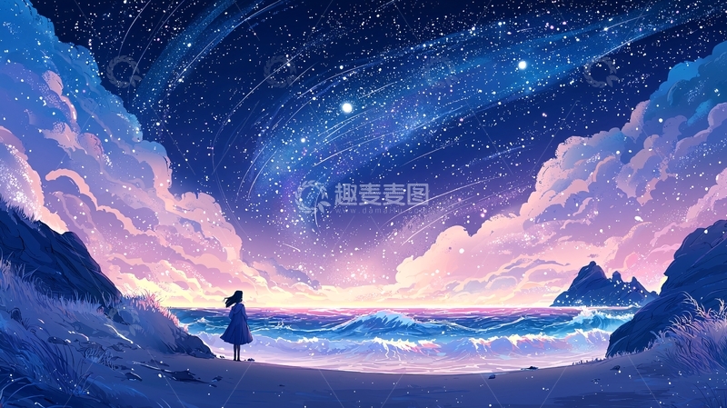高清大图下载【趣麦麦图】仰望星空少女的梦幻场景