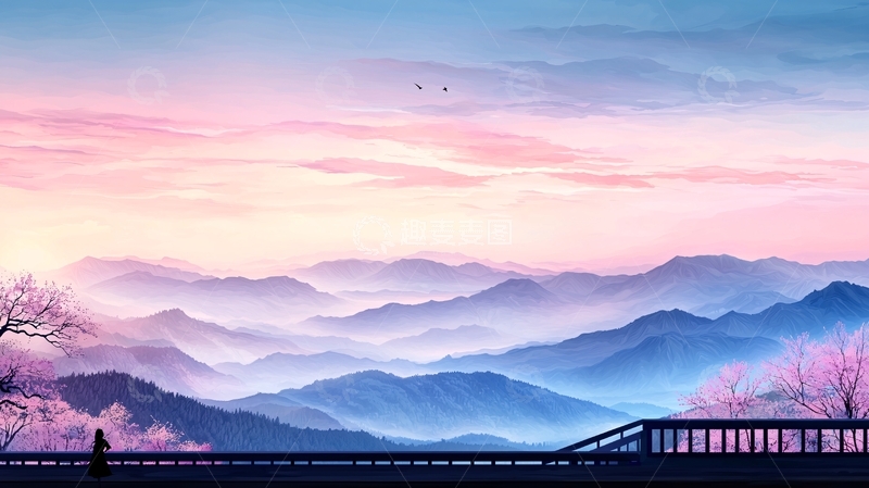 高清大图下载【趣麦麦图】粉色天空下的山峦