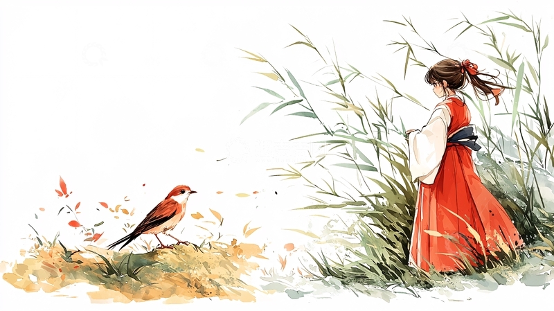 高清大图下载【趣麦麦图】红衣女子与小鸟在芦苇旁