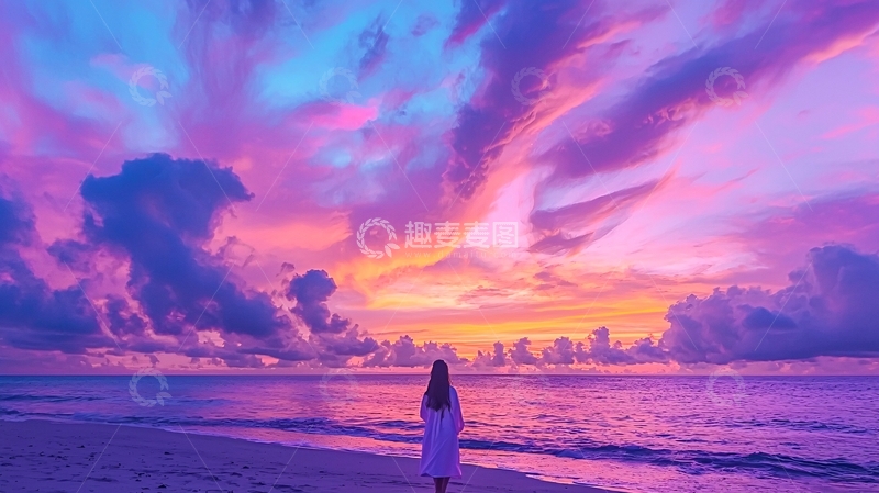 高清大图下载【趣麦麦图】-紫色梦幻天空海边背影