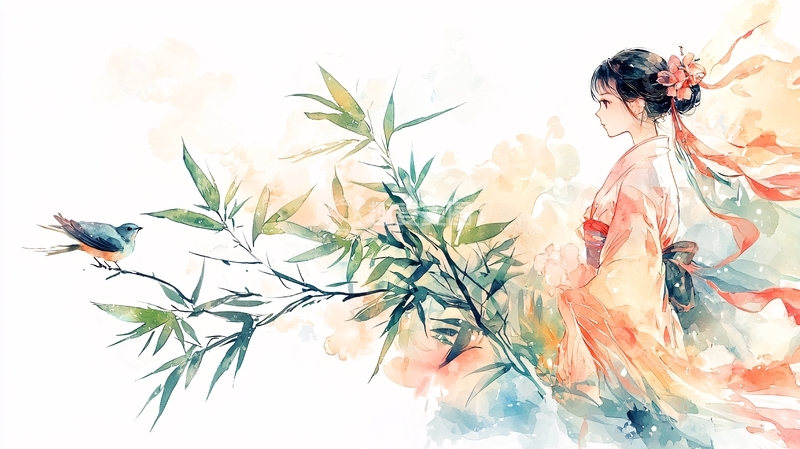 高清大图下载【趣麦麦图】水墨风女子侧影与竹枝小鸟